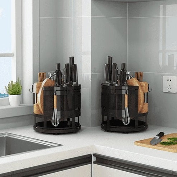 Rotating Black Metal Round Knife Holder. Rotary Kitchen Knife Holder, Tableware Cutting Board Integrated Shelf. 