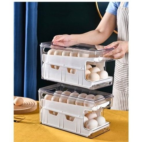 egg storage box large capacity 2 layers rolling type egg fresh keeping box refrigerator organizer stackable egg storage. food storage. type: food storage containers.