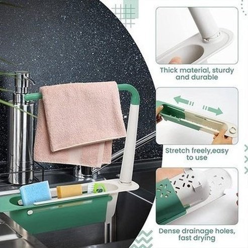 Large Capacity Adjustable Telescopic Kitchen Storage Sponge Rack with Drainage Holes, Organizer Cleaning Utensils Like Dish Soap, Scouring Pad, Cutlery.