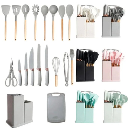 19-Piece Silicone Kitchenware Set with Wooden Handles