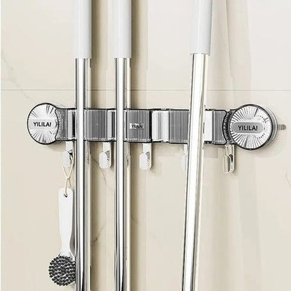 No-Drill Suction Cup Mop Holder | Reusable Wall Mounted Broom &amp; Cleaning Tool Organizer