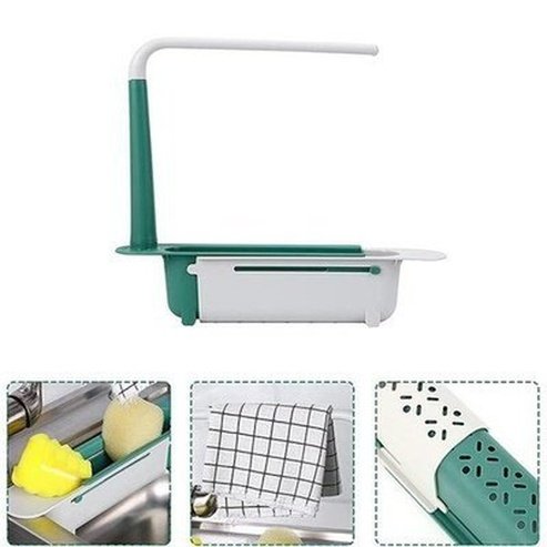 Large Capacity Adjustable Telescopic Kitchen Storage Sponge Rack with Drainage Holes, Organizer Cleaning Utensils Like Dish Soap, Scouring Pad, Cutlery.