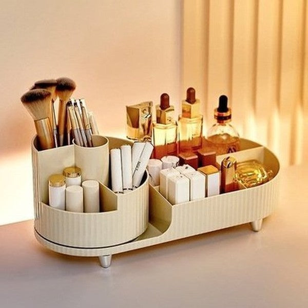 Two Layers Rotating Desktop Makeup Storage Holder Large Capacity Cosmetic Organizer Tray Lipstick Eyeshadow. Color: Beige. Type: Household Storage Containers.