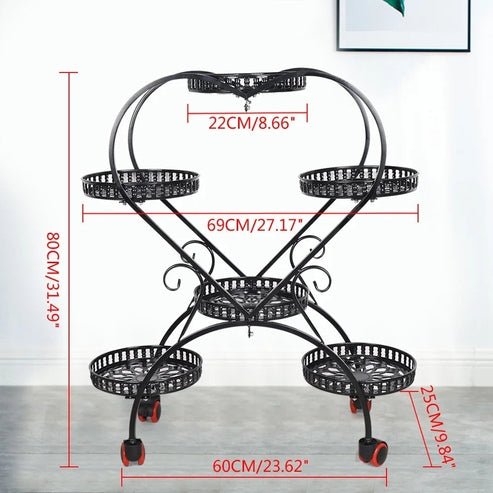 Stand with 6 Heart-Shaped Black Metal Plant Pots and Wheels