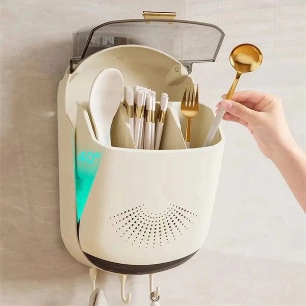 Wall-Mounted Kitchen Cutlery Storage Box with Lid Plastic Knife Holder