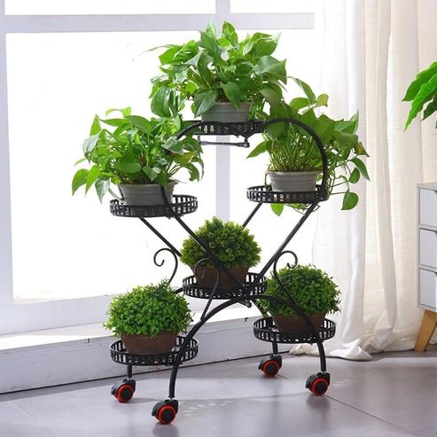 Stand with 6 Heart-Shaped Black Metal Plant Pots and Wheels