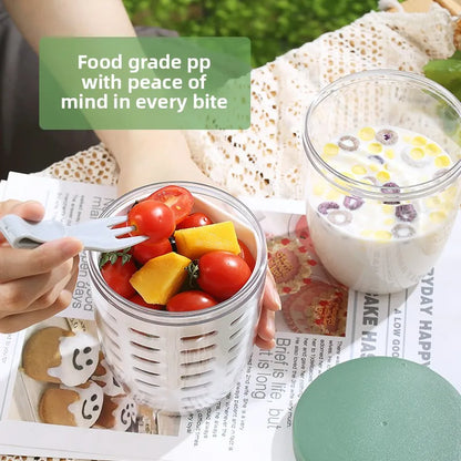 650ml Fruit Salad Cup with Fork, Double Layer Drainage Milk Bottle