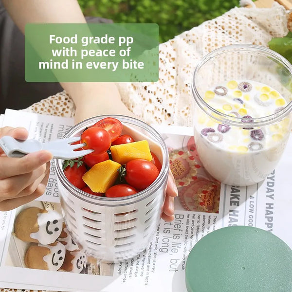 650ml Fruit Salad Cup with Fork, Double Layer Drainage Milk Bottle