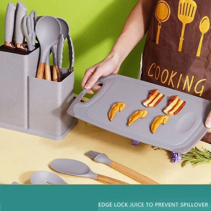 19-Piece Silicone Kitchenware Set with Wooden Handles
