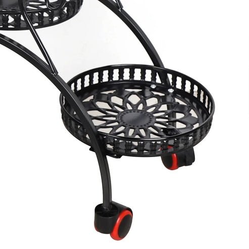 Stand with 6 Heart-Shaped Black Metal Plant Pots and Wheels