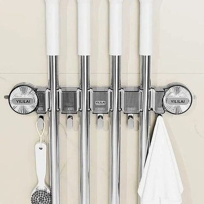 No-Drill Suction Cup Mop Holder | Reusable Wall Mounted Broom &amp; Cleaning Tool Organizer