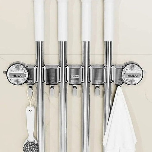 No-Drill Suction Cup Mop Holder | Reusable Wall Mounted Broom &amp; Cleaning Tool Organizer