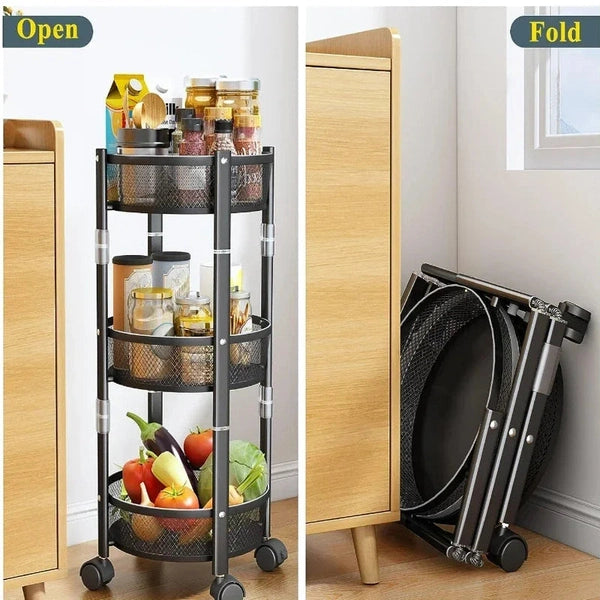 3-Tier Foldable Storage Rack with Wheels, Metal Snack Cart