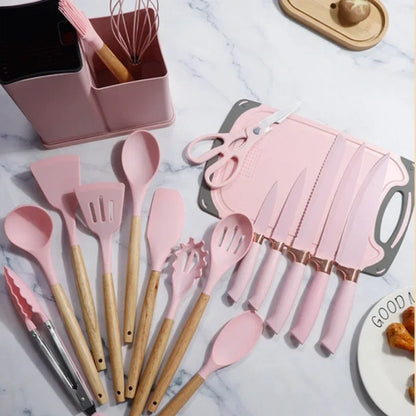19-Piece Silicone Kitchenware Set with Wooden Handles