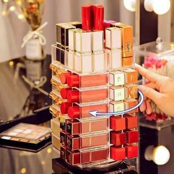 53 Lattice Acrylic Lipstick Tower Stand - 360 Degree Rotating Makeup Organizer