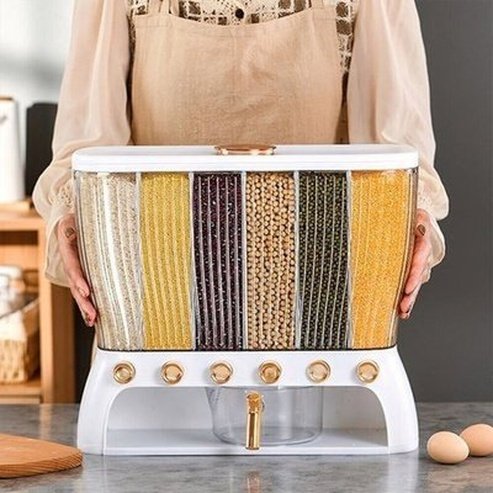 26 LB Rice Dispenser Storage Cereal Beans Container 6 Grids Grain Dispenser with Measuring Cup and Lid Airtight Design. Food Storage: Food Storage Containers.