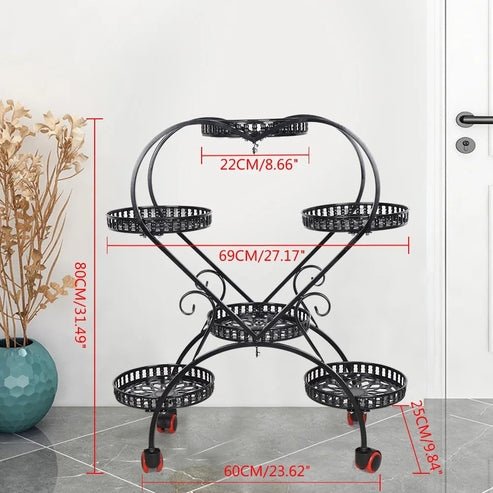 Stand with 6 Heart-Shaped Black Metal Plant Pots and Wheels