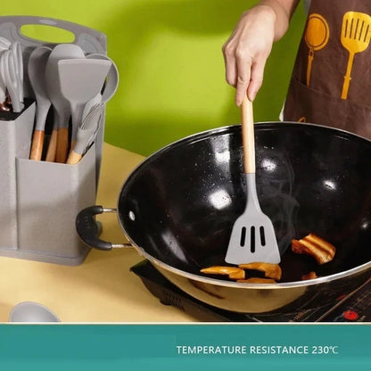 19-Piece Silicone Kitchenware Set with Wooden Handles