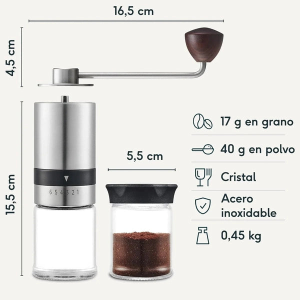 Manual Coffee Grinder - 6 Grinding Levels - Stainless Steel and Glass Coffee Grinder