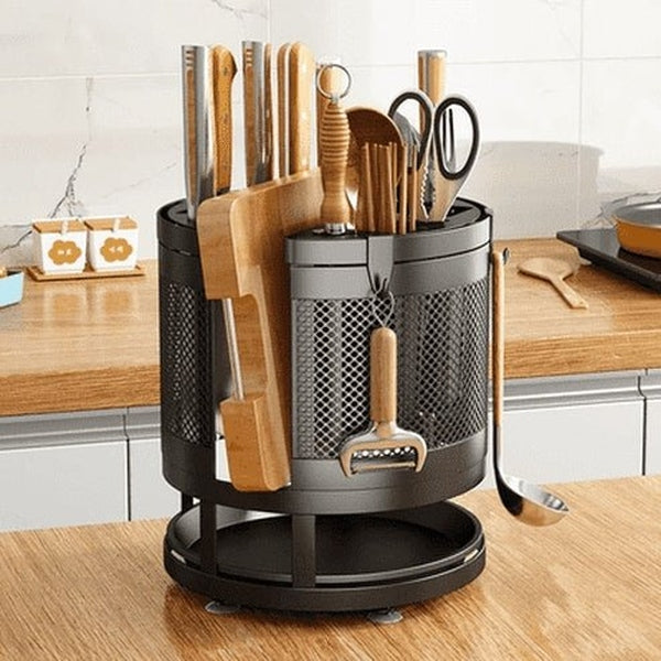 Rotating Black Metal Round Knife Holder. Rotary Kitchen Knife Holder, Tableware Cutting Board Integrated Shelf. 