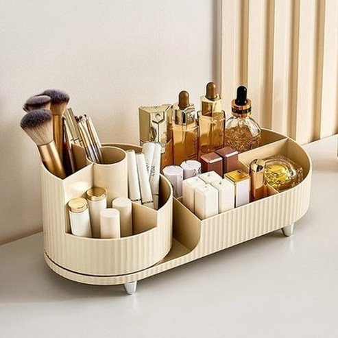 Two Layers Rotating Desktop Makeup Storage Holder Large Capacity Cosmetic Organizer Tray Lipstick Eyeshadow. Color: Beige. Type: Household Storage Containers.