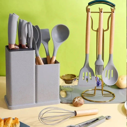 19-Piece Silicone Kitchenware Set with Wooden Handles