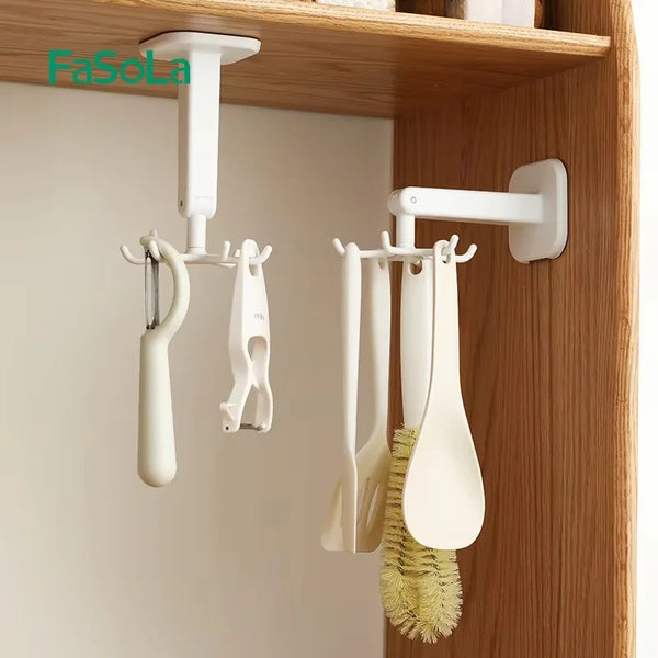 360 Degrees Rotating Folding Hook Kitchen Utensil Rack, Self-Adhesive Storage Holder