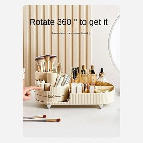 Two Layers Rotating Desktop Makeup Storage Holder Large Capacity Cosmetic Organizer Tray Lipstick Eyeshadow. Color: Beige. Type: Household Storage Containers.