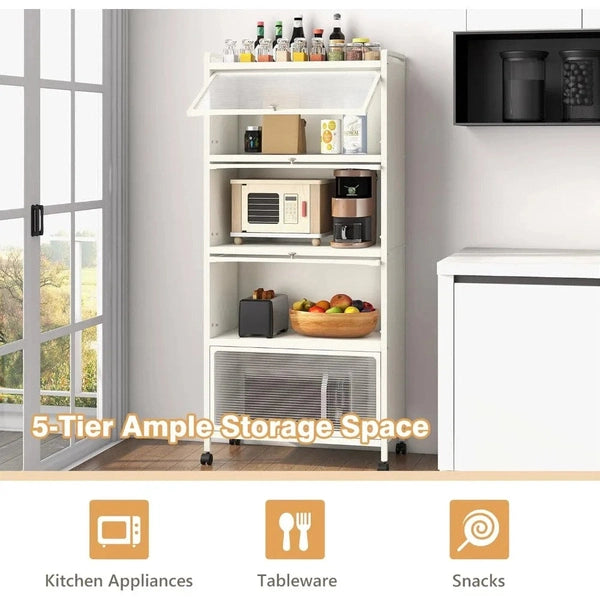 Mobile Microwave Stand with Flip-up PC Doors | Freestanding 5-Tier Kitchen Rack