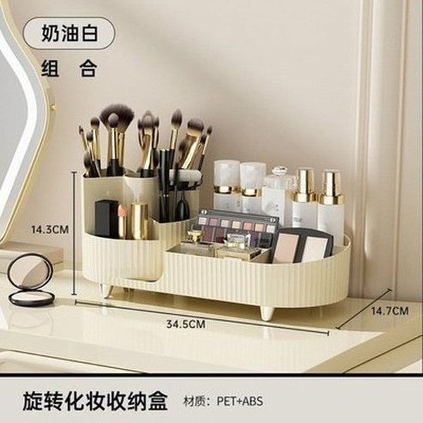 Two Layers Rotating Desktop Makeup Storage Holder Large Capacity Cosmetic Organizer Tray Lipstick Eyeshadow. Color: Beige. Type: Household Storage Containers.