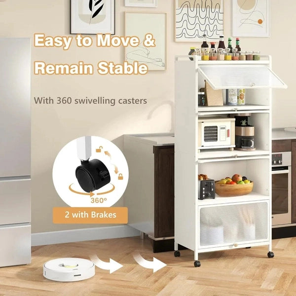 Mobile Microwave Stand with Flip-up PC Doors | Freestanding 5-Tier Kitchen Rack