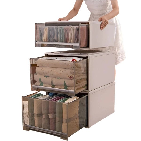 Stackable Clothes Storage Box, Modern Drawer Type Plastic Container with Lid