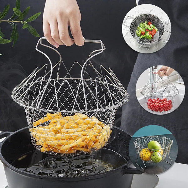 Stainless Steel Filter Fryer, Leak Net Churned Basket, Kitchen Folding Frying Basket