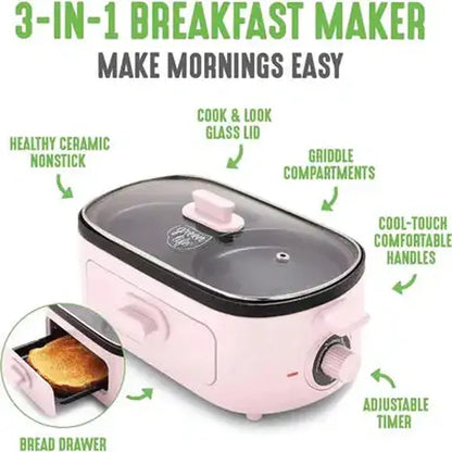 Versatile 3-in-1 Breakfast Maker with Dual Griddles and Toast Drawer