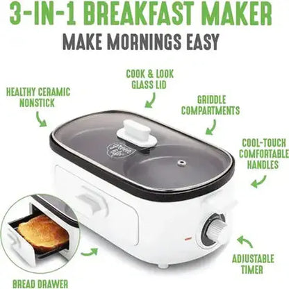 Versatile 3-in-1 Breakfast Maker with Dual Griddles and Toast Drawer