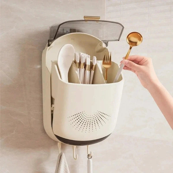 Wall-Mounted Kitchen Cutlery Storage Box with Lid Plastic Knife Holder