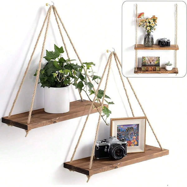 Wall Decoration Hanging Rope Flower Pot Storage Rack, Wall Hanging Wooden Storage Rack