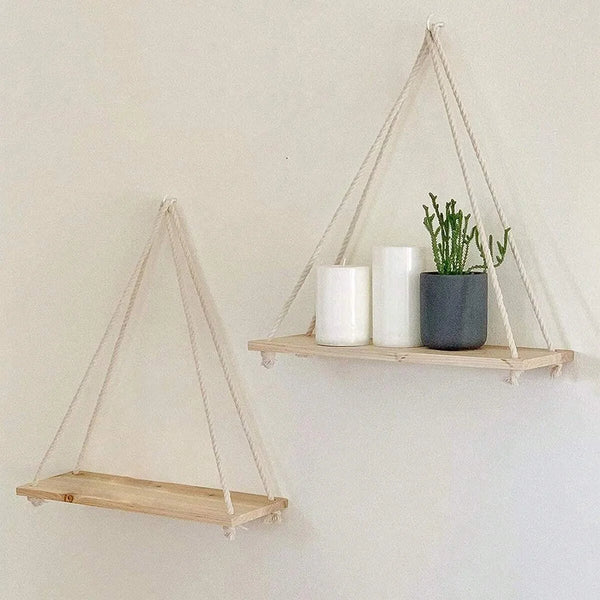 Wall Decoration Hanging Rope Flower Pot Storage Rack, Wall Hanging Wooden Storage Rack