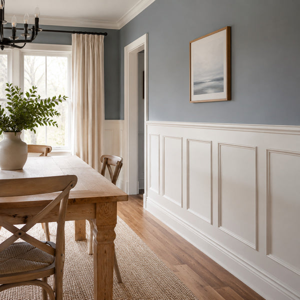 Bright dining room with classic half-height wainscoting and chair rail