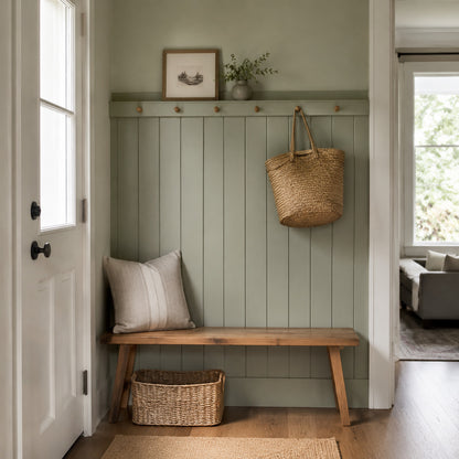 Small sage entryway with vertical wall paneling, peg rail and wooden bench