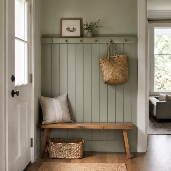 Small sage entryway with vertical wall paneling, peg rail and wooden bench