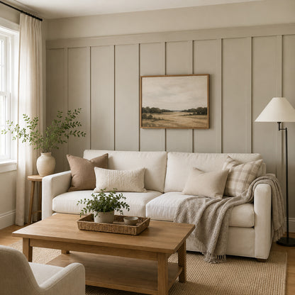 Warm neutral living room with affordable board and batten wall paneling