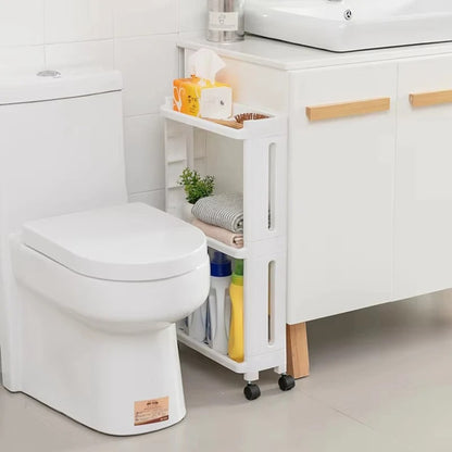 Bathroom organizer shelf with detachable layers and wheels