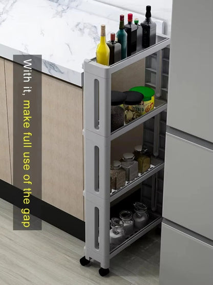Narrow rolling storage rack for kitchen and bathroom use