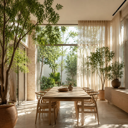 Sunlit dining room with indoor trees and linen curtains