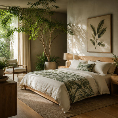 Biophilic bedroom with natural wood and botanical accents