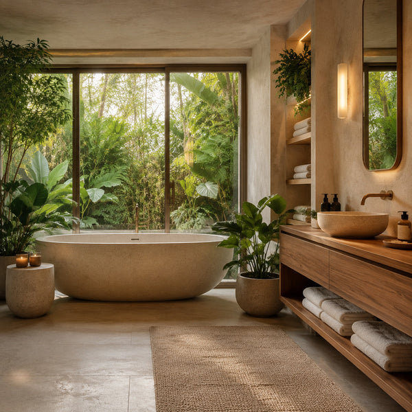 Spa bathroom with plants natural stone and timber vanity
