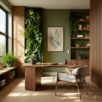 Biophilic home office with wooden desk and green accent wall