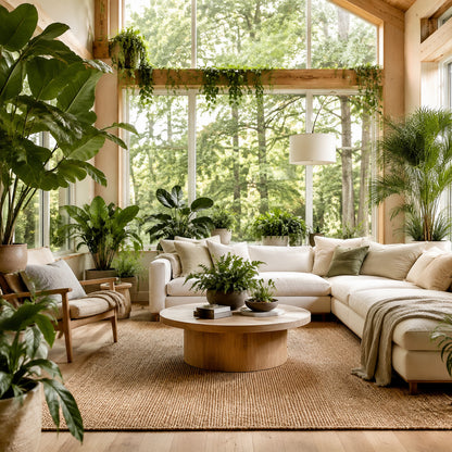 Bright biophilic living room with houseplants and natural light