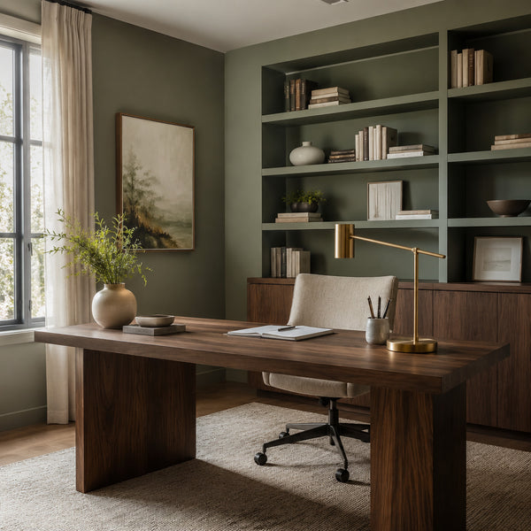 Productive home office with sage green walls and walnut furniture